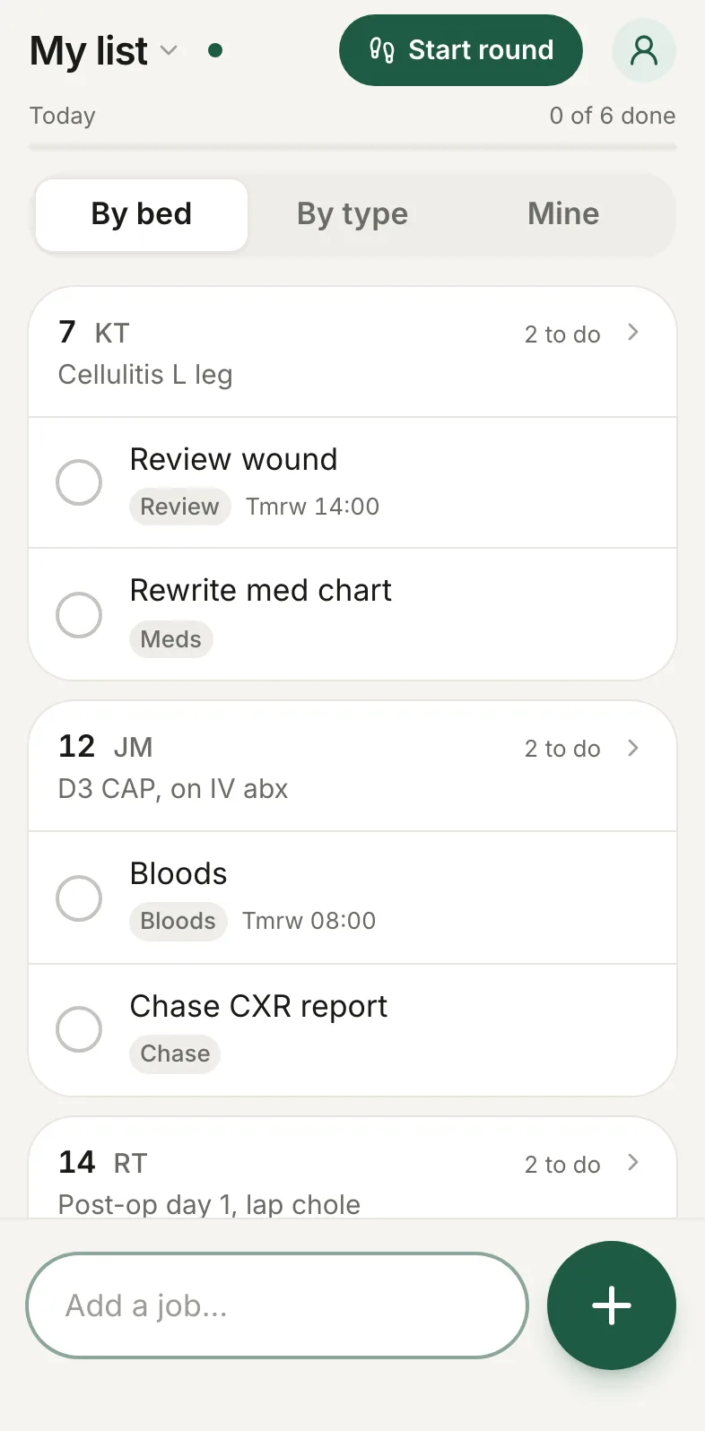 Ivy's jobs list: patients in beds 7, 12 and 14, each with their jobs, such as bloods tomorrow at 08:00 and chase CXR report.